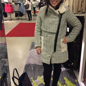 Gray peacoat with leather details & Sherpa pockets